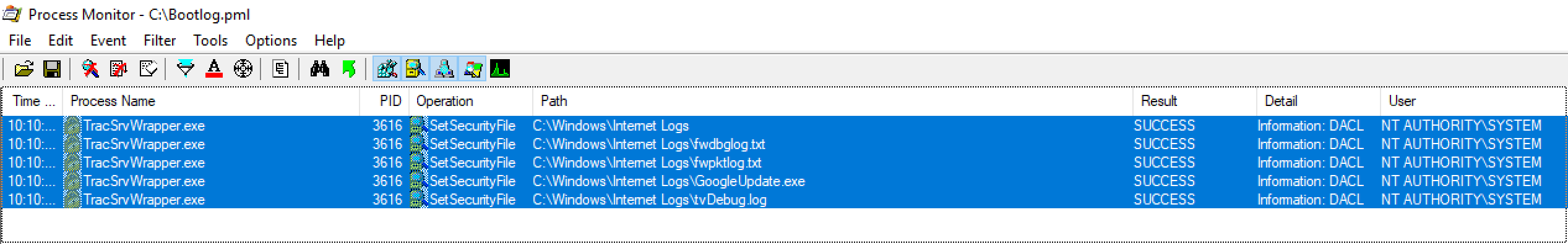 ProcMon showing TracSrvWrapper.exe performs SetSecurityFile on all files in C:\\Windows\\Internet Logs